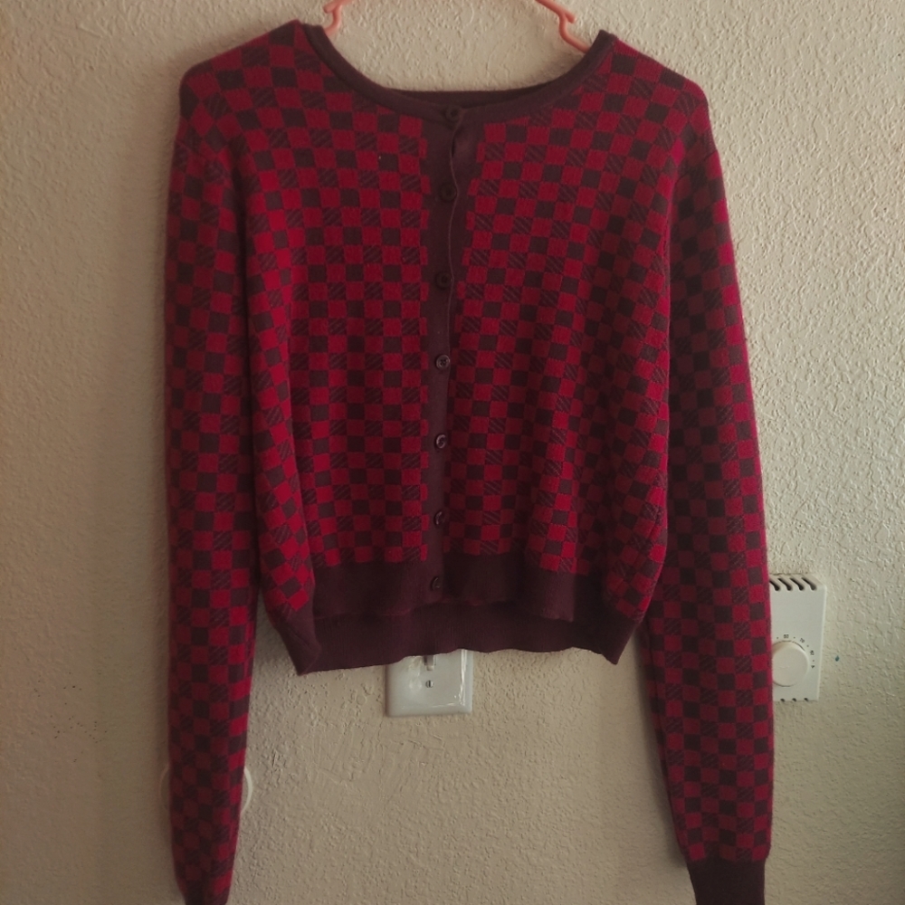 Y2k Indie Wild Fable checkered button up pink and purple sweater size XXL